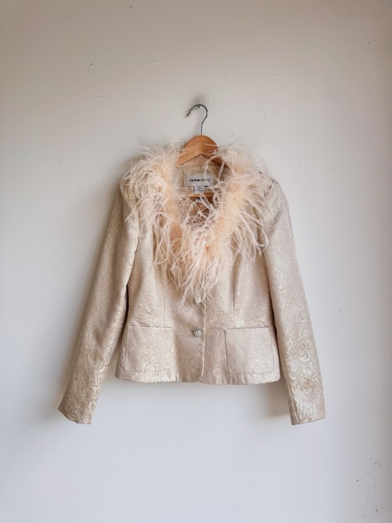 Victor Costa Feather Trim Brocade Jacket Ivory Champagne Embellished Size 8 - Picture 7 of 8
